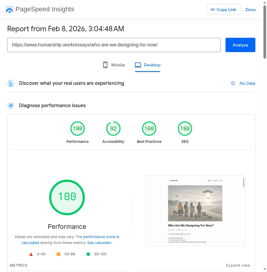 Desktop Lighthouse Score of 100/100