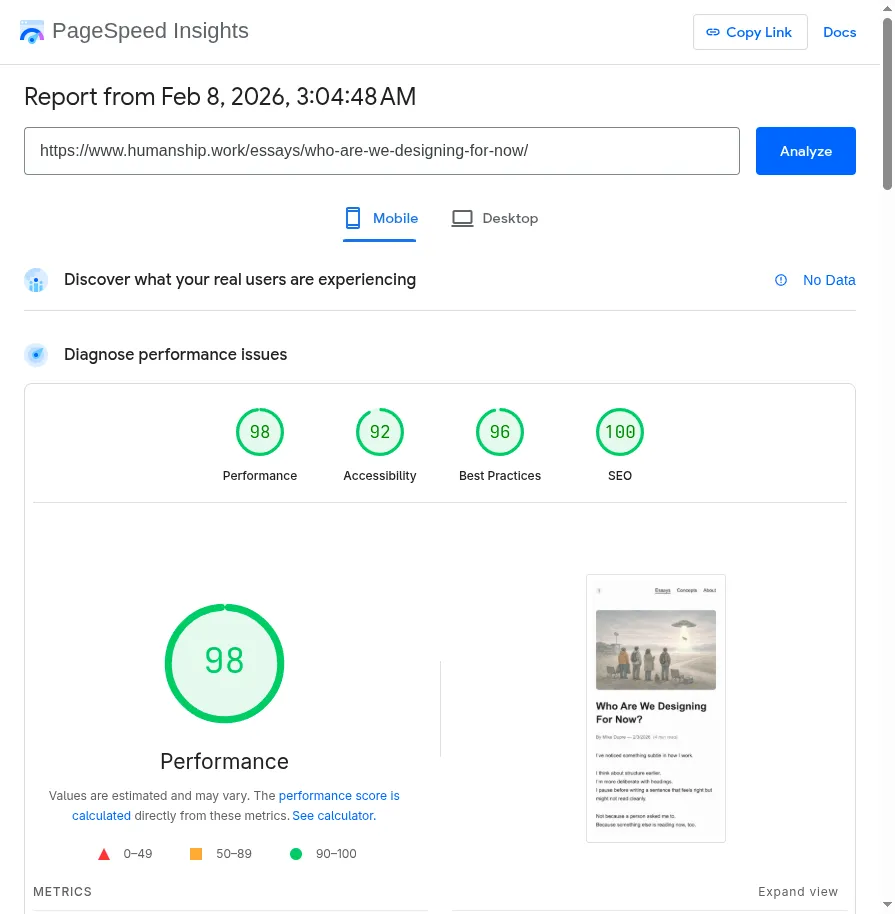 Mobile Lighthouse Score of 98/100